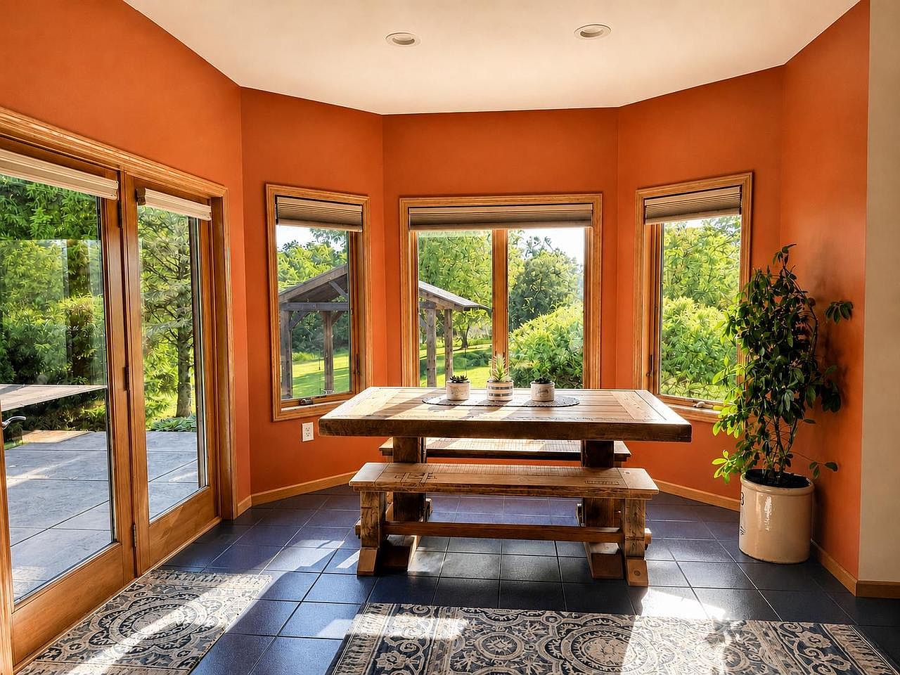 Sunroom dining bay at 1825 Bringold Drive: terracotta walls, three bay windows with wide views to the rear lawn and a timber-framed pergola in the distance, a heavy reclaimed wood table and bench centered on a patterned rug